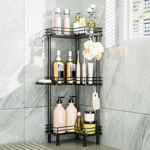 Consumest 3-Tier Corner Shower Caddy - Stainless Steel Organizer with Soap Holder & 4 Hooks | Large Capacity, Black