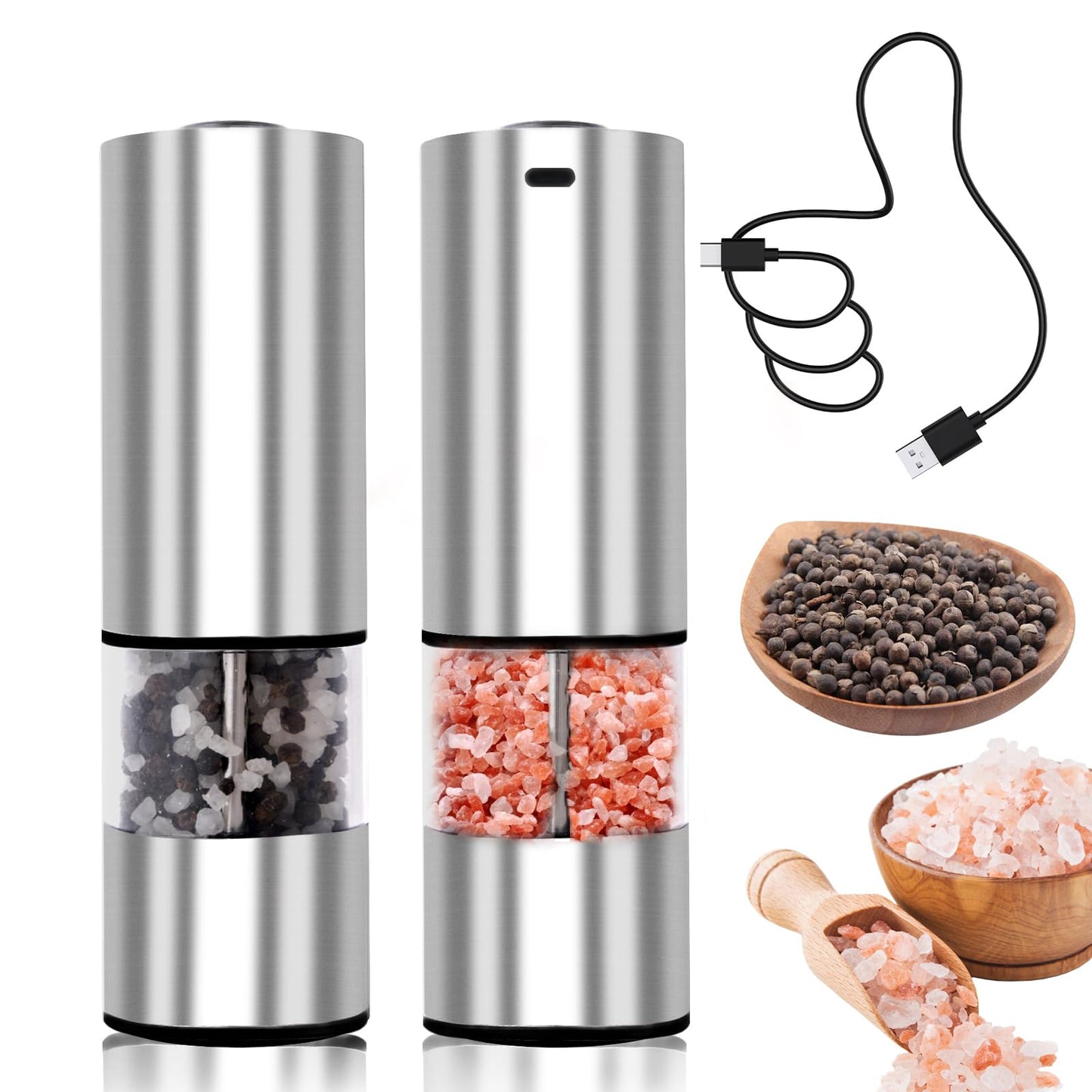 Electric Salt and Pepper Grinder Set, Automatic Battery Pepper Mill Shakers with Upgraded Larger Capacity,Stainless Steel Automatic Pepper Mill,Adjustable Ceramic Core, Dust Cover, 2 Pack