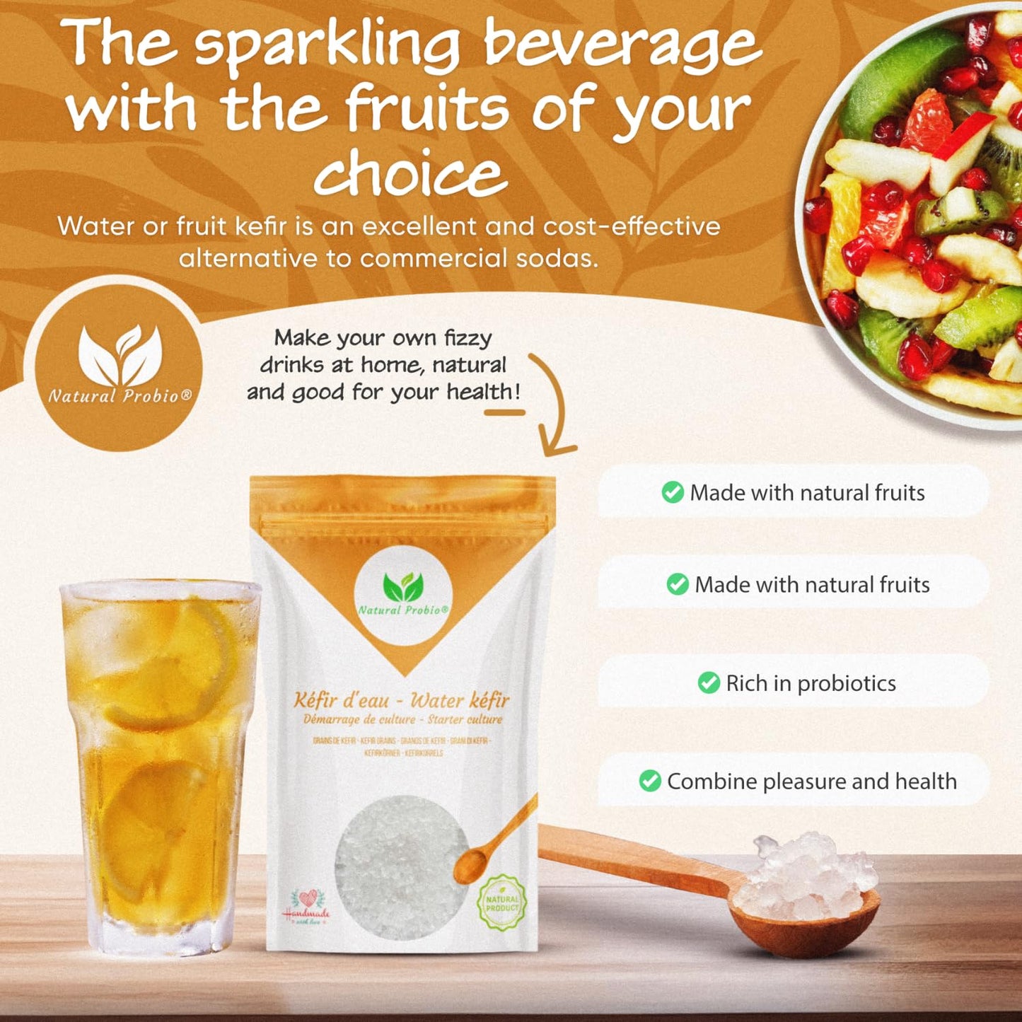 Natural Probio® Water Kefir Grains - Starter Culture Kit – Fruit Kefir + Complete Guide, Recipe & Tips + Ebook Library Access + Customer Support (0.35 oz dehydrated / 2.12 oz rehydrated)