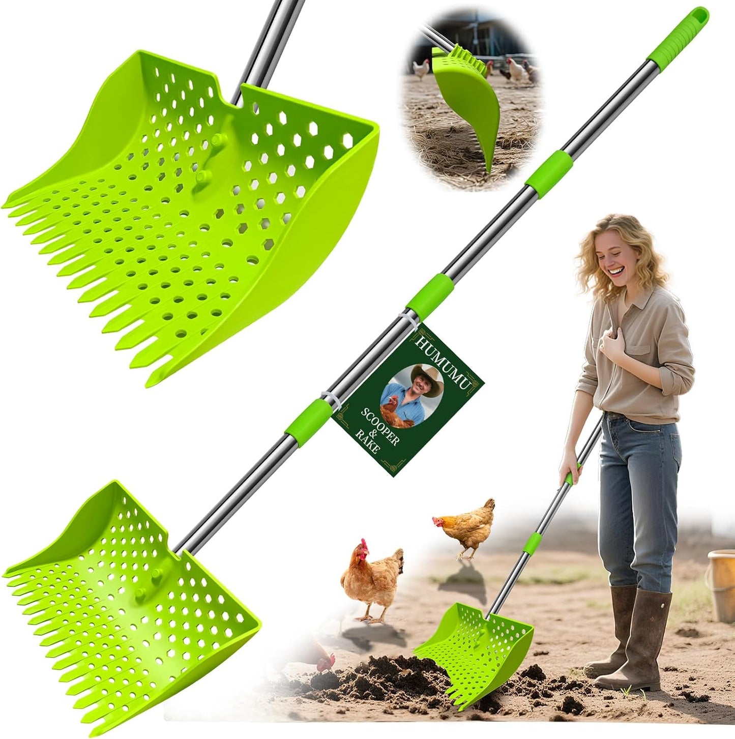 Skiennix 12-Inch Chicken Poop Scooper & Rake - Stainless Steel Handle with 3-Shape Sifting Holes | Adjustable 20-61" (Green)