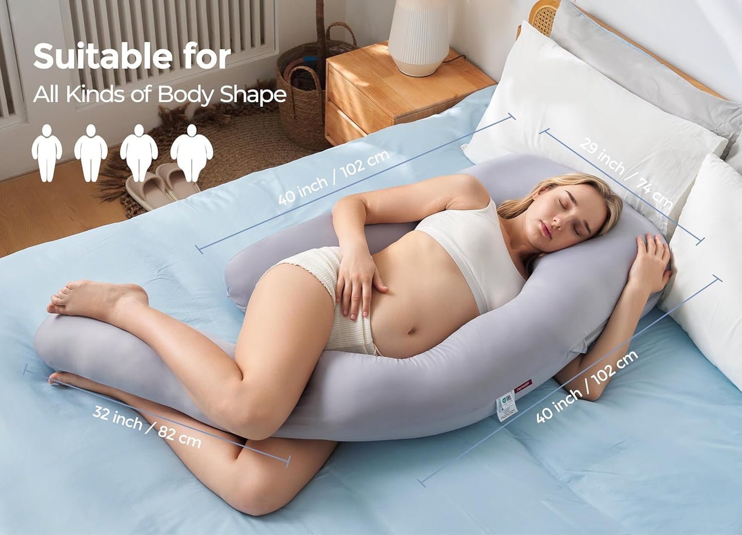 Momcozy Pregnancy Pillow - Cooling Cover & Adjustable Leg Support | Full Body Maternity Pillow, 50-72 Inch, Grey