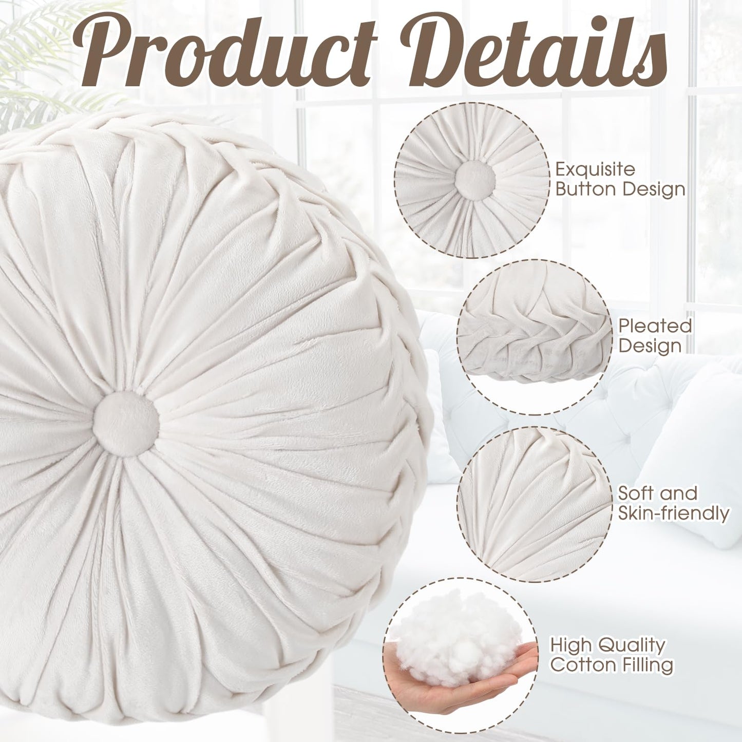 Beeveer 4 Pcs Round Throw Pillows 15 Inch Decorative Velvet Pleated Pumpkin Pillows Boho Floor Pillow with Center Button for Living Room Couch Chair Bed Sofa Home Decoration (Ivory)