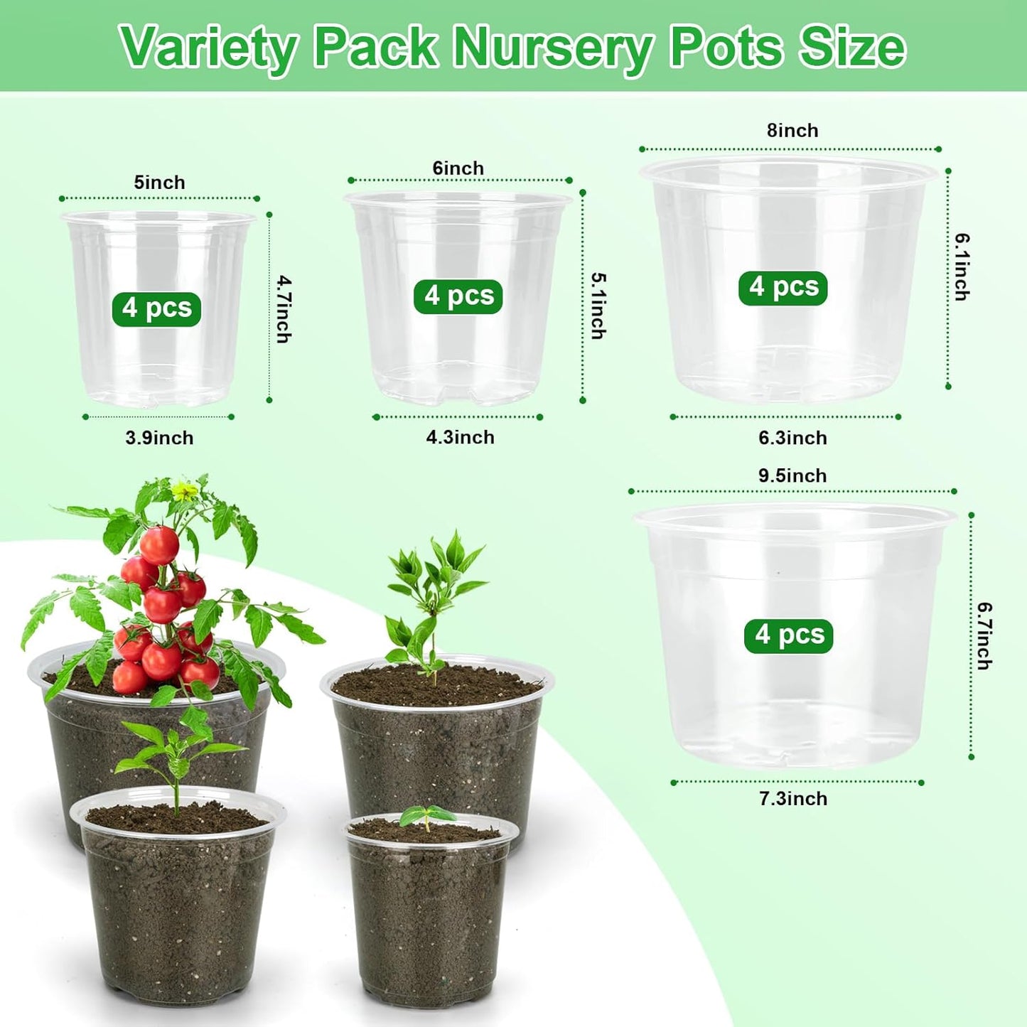 Skiennix Large Clear Nursery Pots - 10/8/6/5 Inch with Drainage Holes | 16 Pack Plastic Plant Pots for Succulents and Seedlings