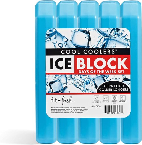 Cool Coolers by Fit + Fresh, 5 Pack Days of the Week Ice Blocks, Compact & Reusable Ice Packs for Lunch Boxes & Coolers, Blue