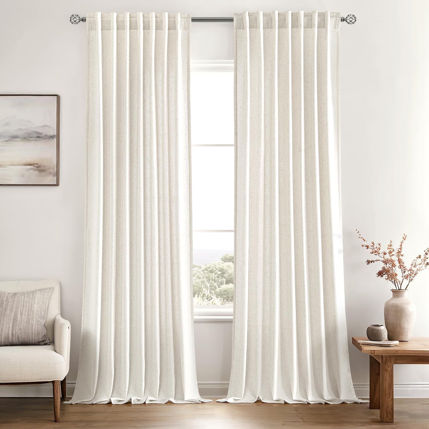 MIULEE Privacy Linen Curtains - Light Filtering Semi-Sheer Drapes for Bedroom & Living Room | 52 x 84 Inches, Natural White
