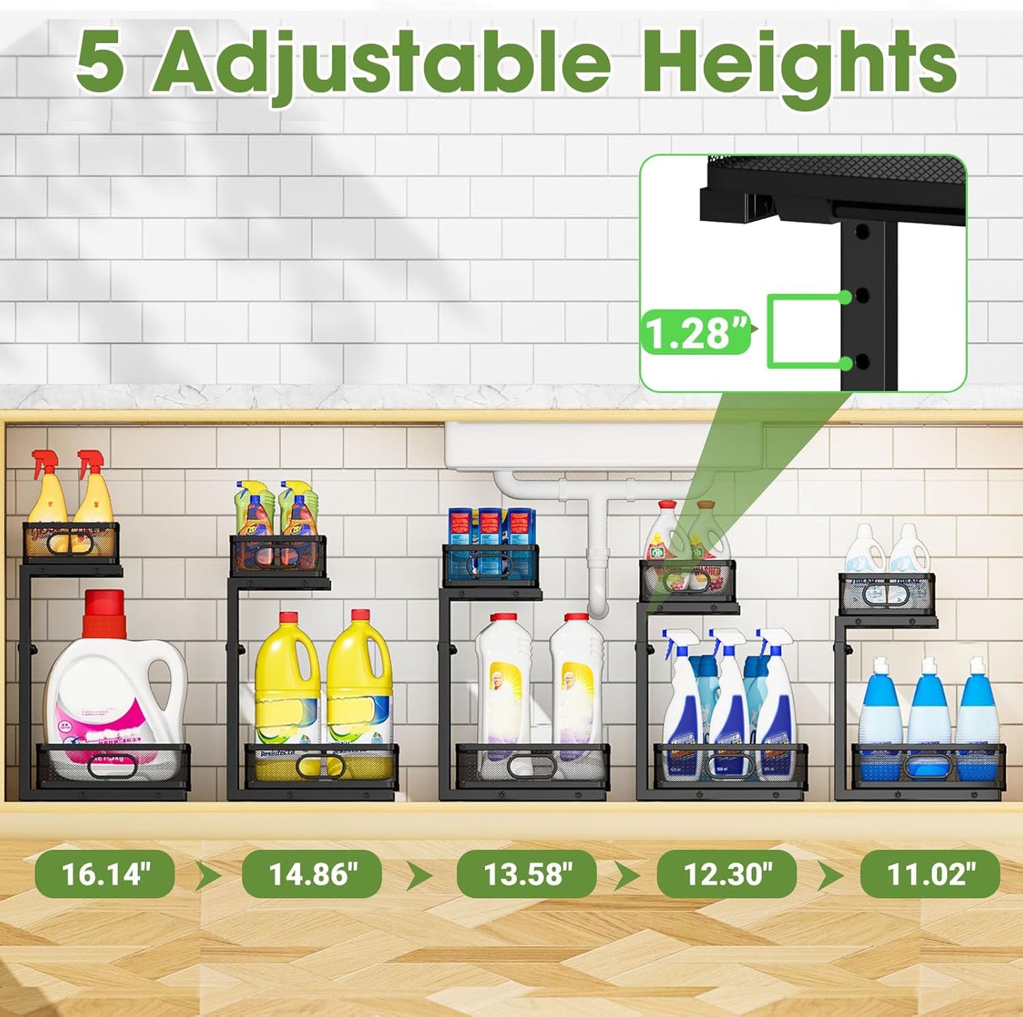 Under Sink Organizer by [Brand Name] - 2-Tier Metal Pull-Out Cabinet Shelf with Adjustable Height | Space-Saving Storage for Kitchen & Bathroom