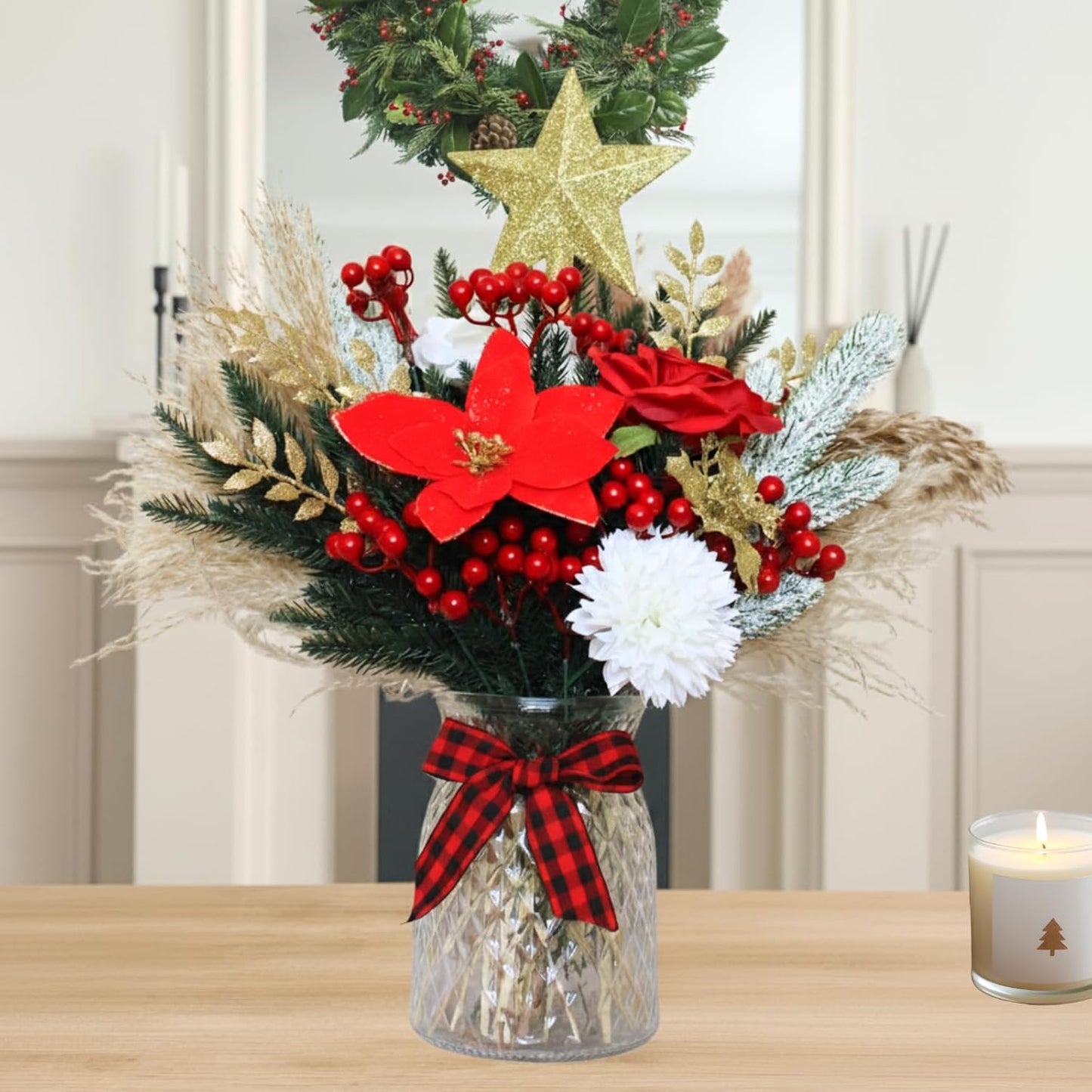 RyddeligHome Christmas Centerpieces - 100pcs Holiday Floral Arrangements for Tables | Red Poinsettia & Pine Decor