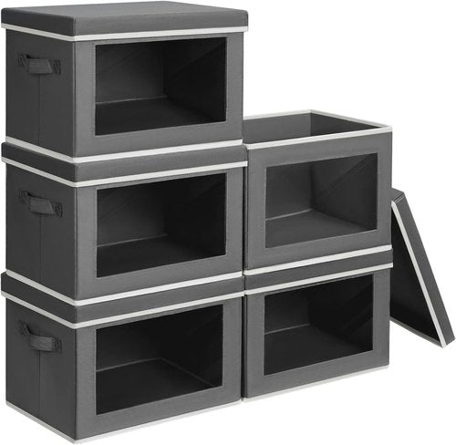 Homsorout Stackable Storage Bins - Medium Foldable Closet Organizers with Lids | 5-Pack Dark Grey