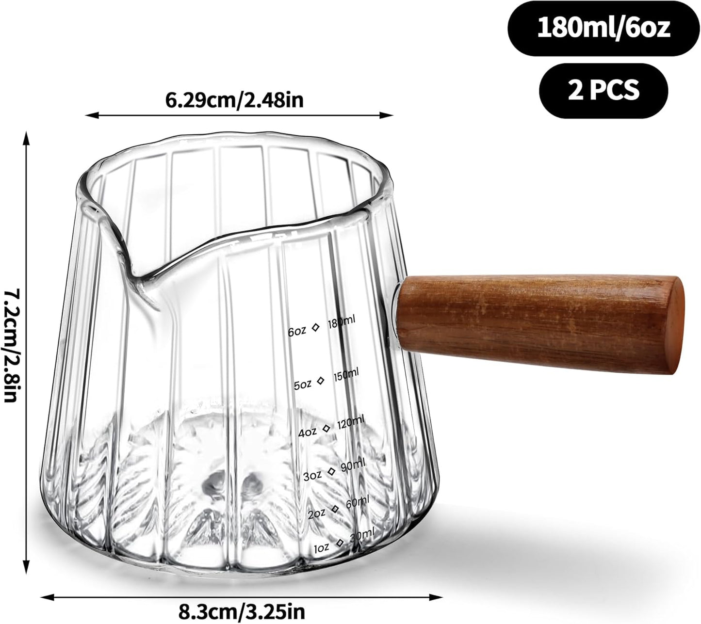 Skiennix Espresso Measuring Cup Set - 6 Oz Glass Cups with Wood Handle for Coffee & Milk Frothing