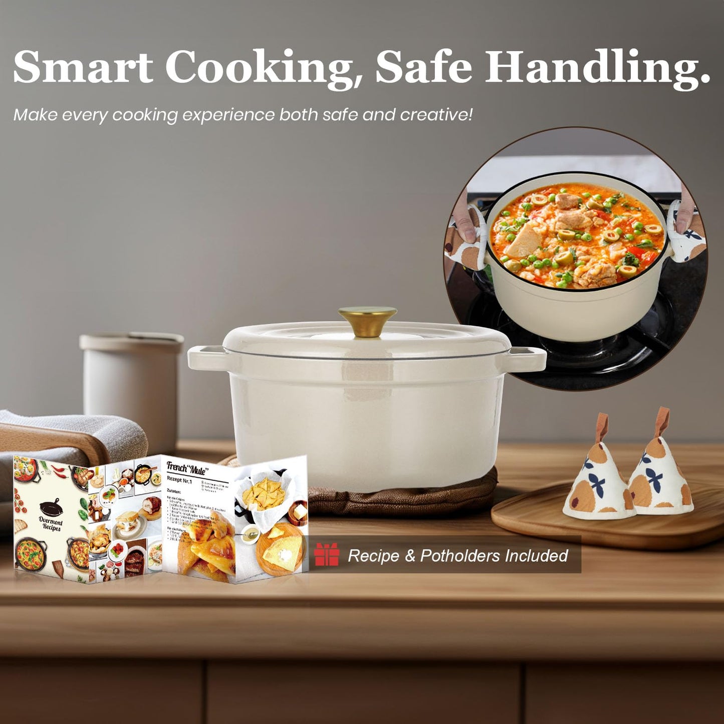 Overmont Enameled Cast Iron Dutch Oven - 5QT Pot with Lid Cookbook & Cotton Potholders - Heavy-Duty Cookware for Braising, Stews, Roasting, Sourdough Baking Cream white