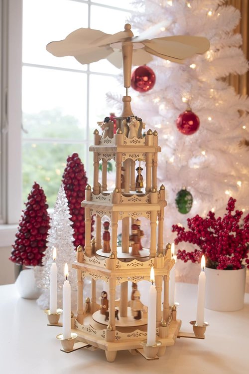 Clever Creations Beige Four-Tier Carousel | 22-Inch Traditional Wooden Christmas Pyramid Decoration