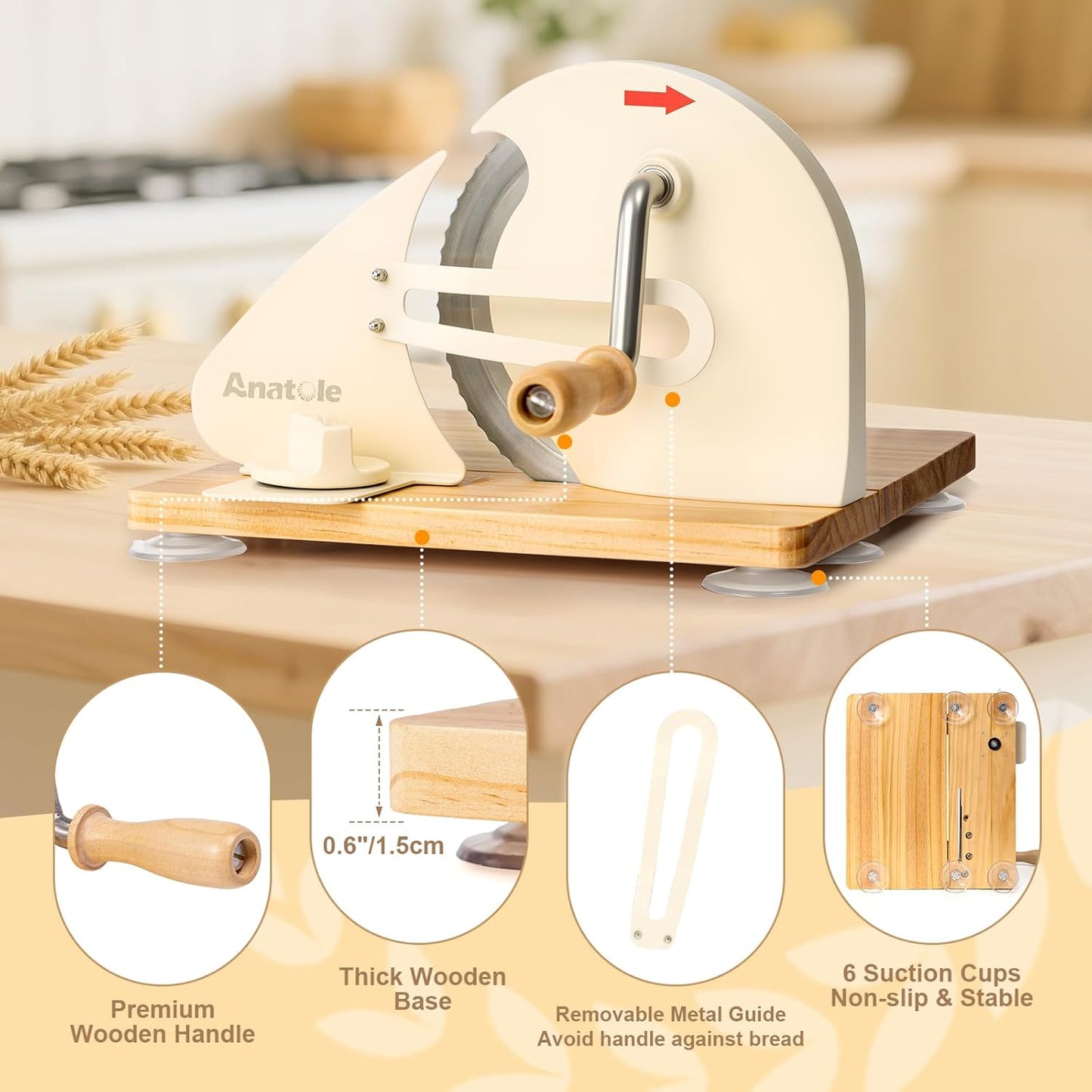 Anatole Foldable Manual Bread Slicer - Adjustable Thickness Hand Crank Cutter with Engraved Scale | Stainless Steel, 6 Suction Cups