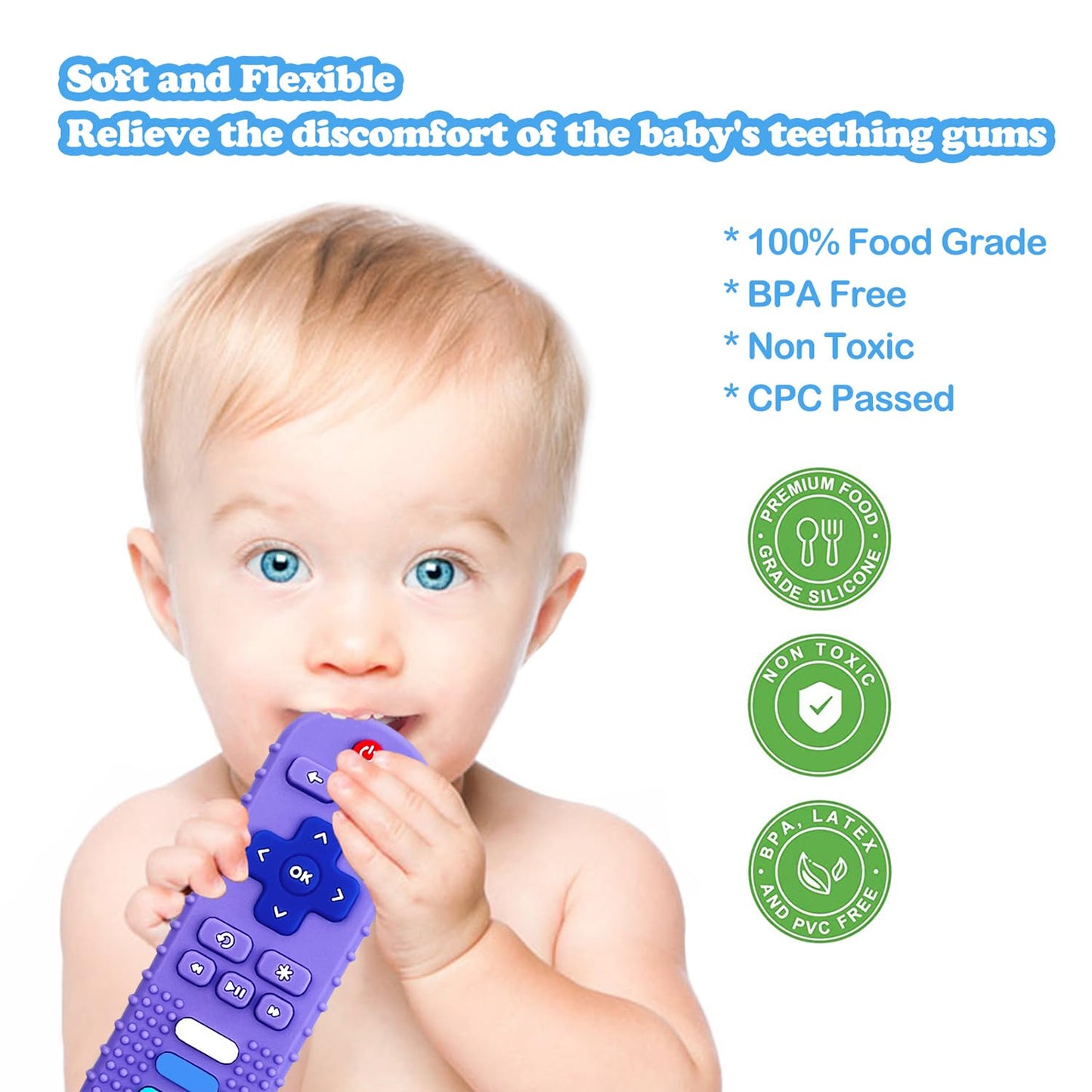 ROBBEAR Baby Teething Toys, Food Grade Silicone Teether for Babies 3 6 12 18 Months, TV Remote Shape Toddlers Chew Toys, Freezer BPA Free (Purple+Khaki)