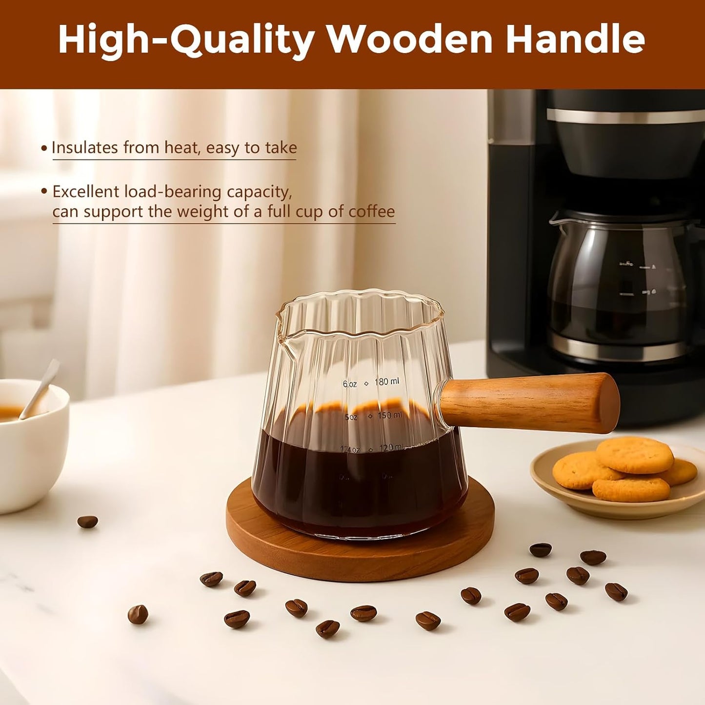 YARRAMATE Glass Measuring Cup - 6 oz/180ML with Wooden Handle | Ribbed Milk Frothing Pitcher, Easy Pouring