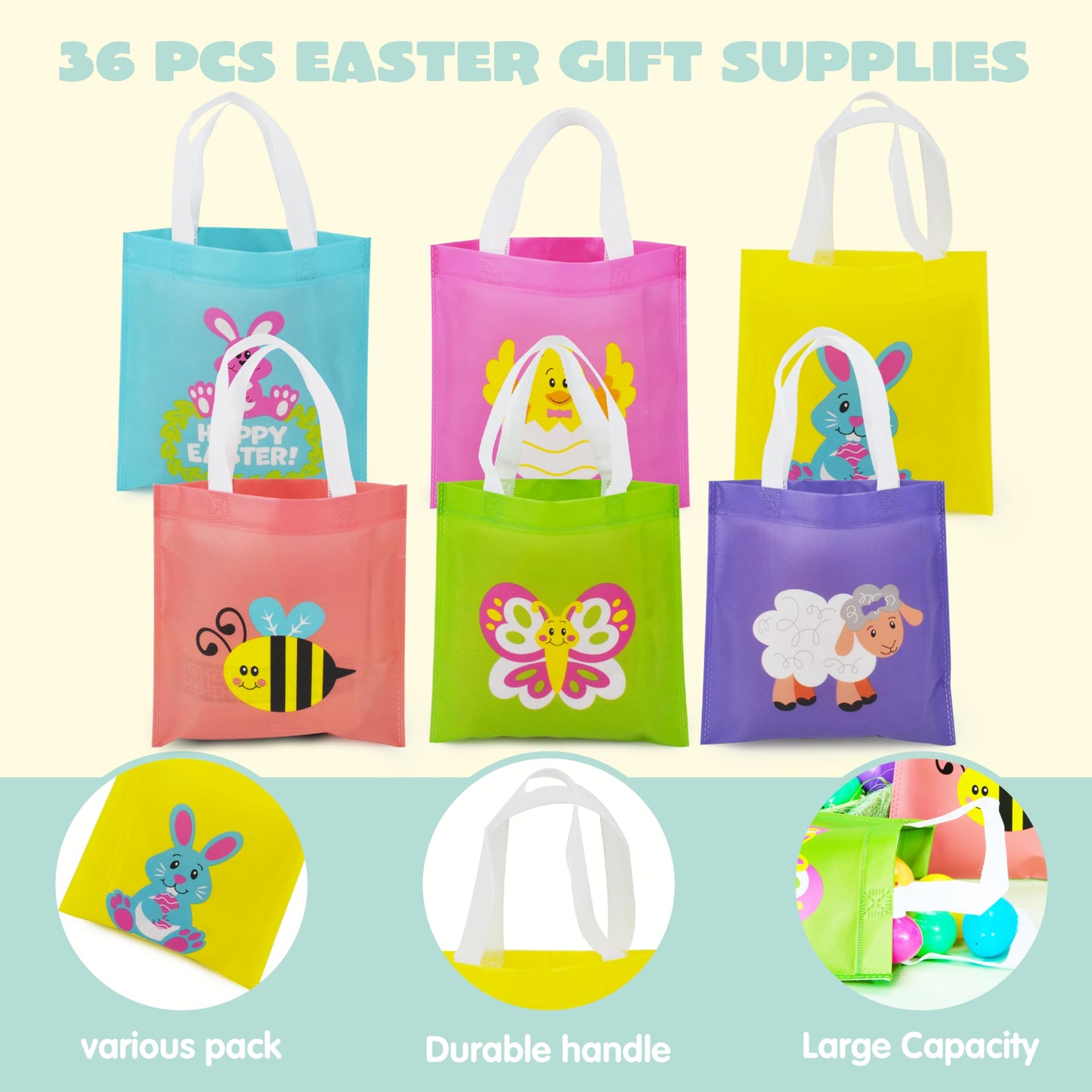 JOYIN 36 PCS Easter Gift Bags, Non Woven Easter Tote Bags with Handles Party Treat Bags for Gifts Wrapping, Egg Hunt Game, Party Supplies