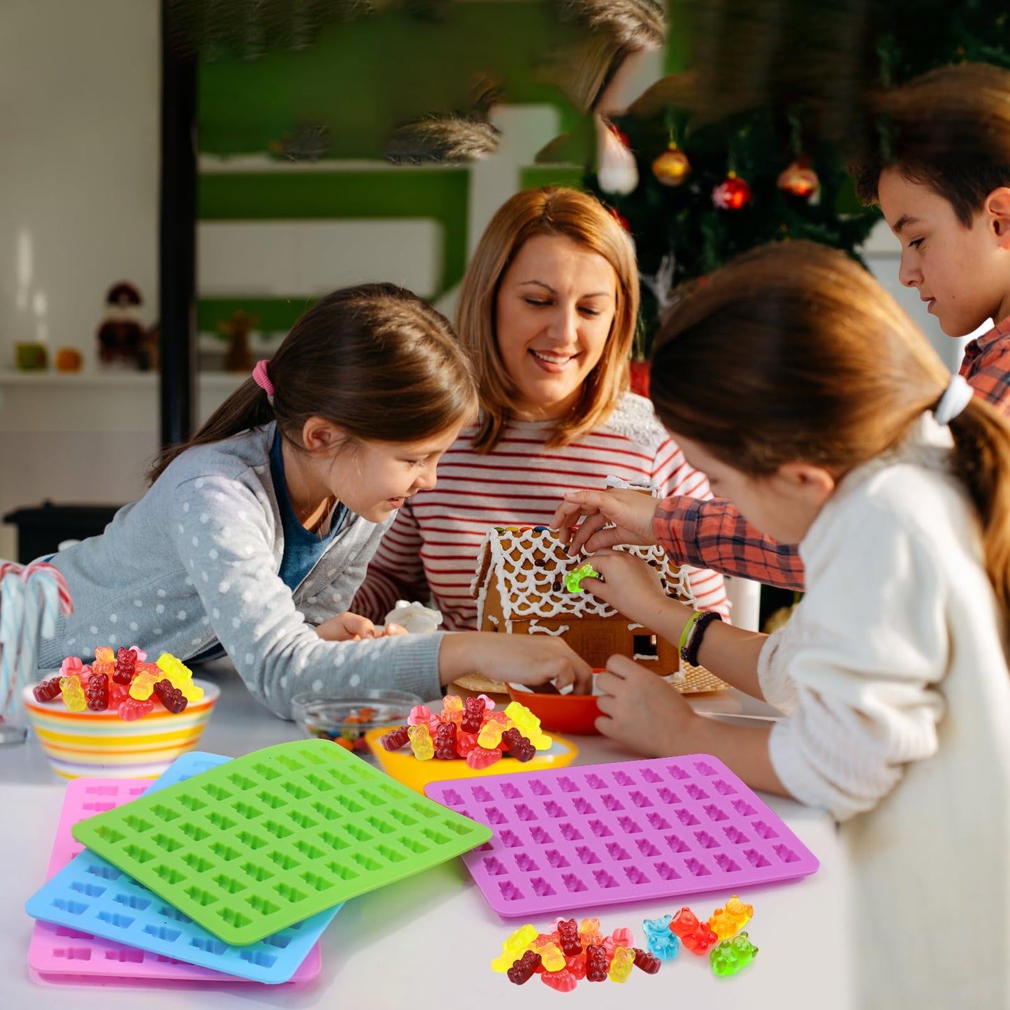Palksky 4Pcs Gummy Bear Mold Silicone, Fruit Snack Molds, Gummies Trays Molds with Dropper for Candy Chocolate