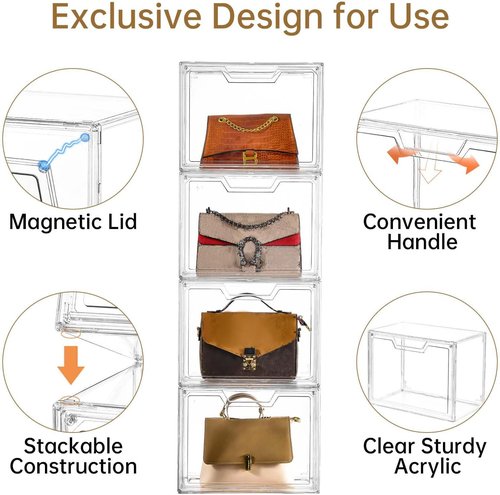 Freebat Stackable Storage Bins - Clear Acrylic Display Case | 5-Pack Storage Boxes with Lids for Handbags & Collectibles
