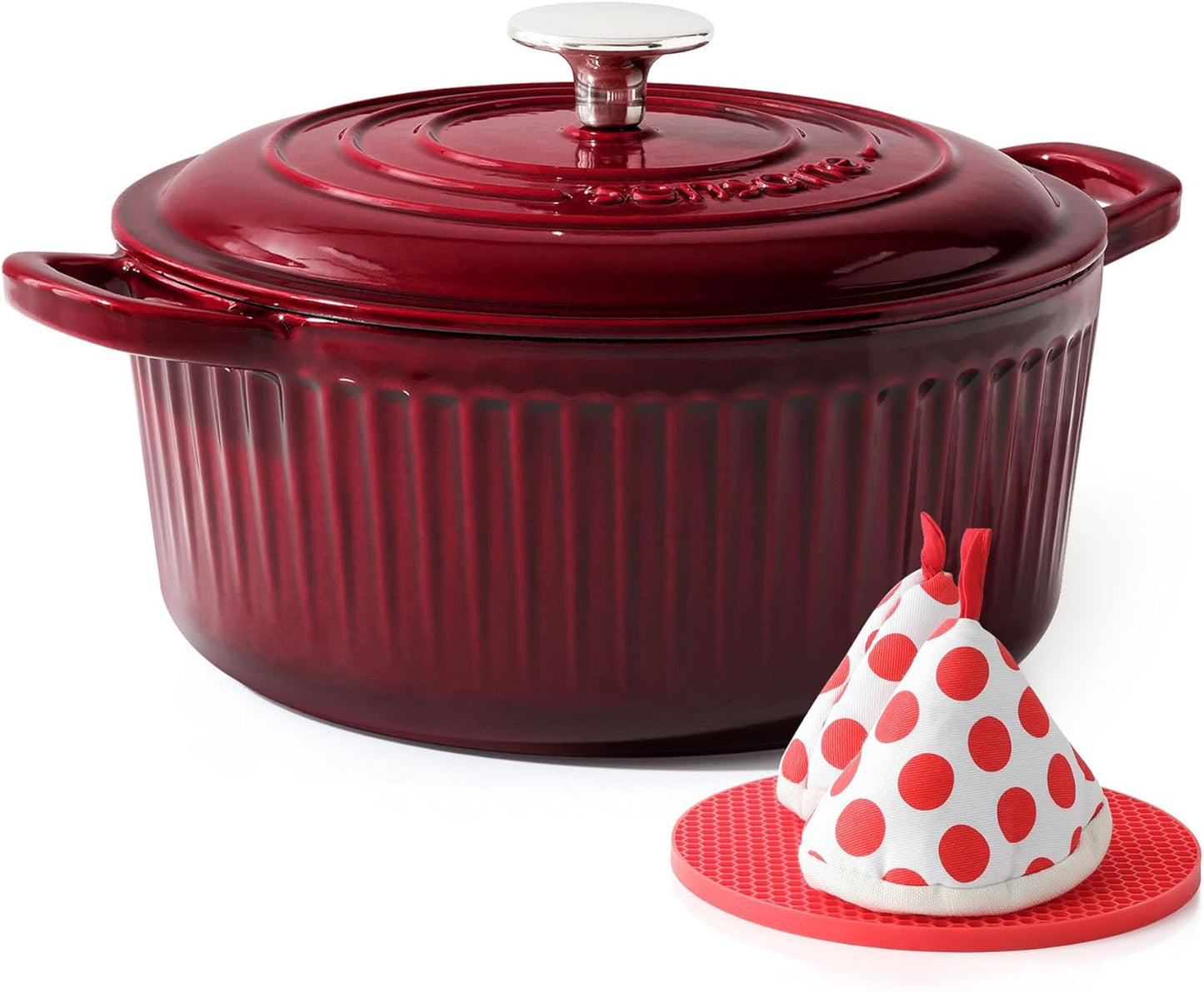 SENSARTE Enameled Cast Iron Dutch Oven - 3.5 Quart Heavy-Duty Pot with Lid & Accessories | Red