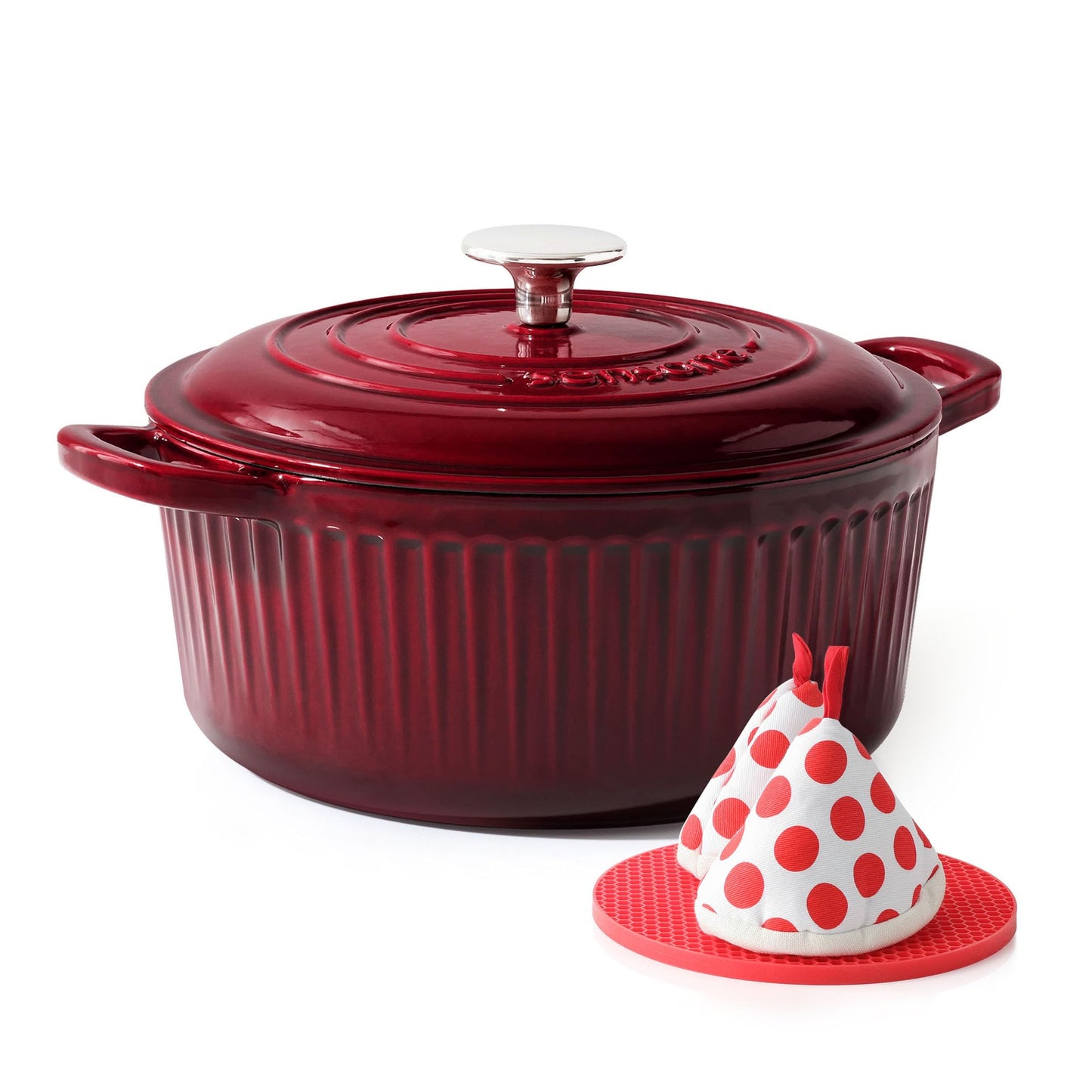 SENSARTE Enameled Cast Iron Dutch Oven Pot with Lid 3.5 Quart Heavy-Duty Round Dual Handles Kitchen Pot with Cotton Potholders & Silicone Trivet, Pot for Bread Baking, Stews, Braising, Roasting, Oven Safe up to 500°F, Red