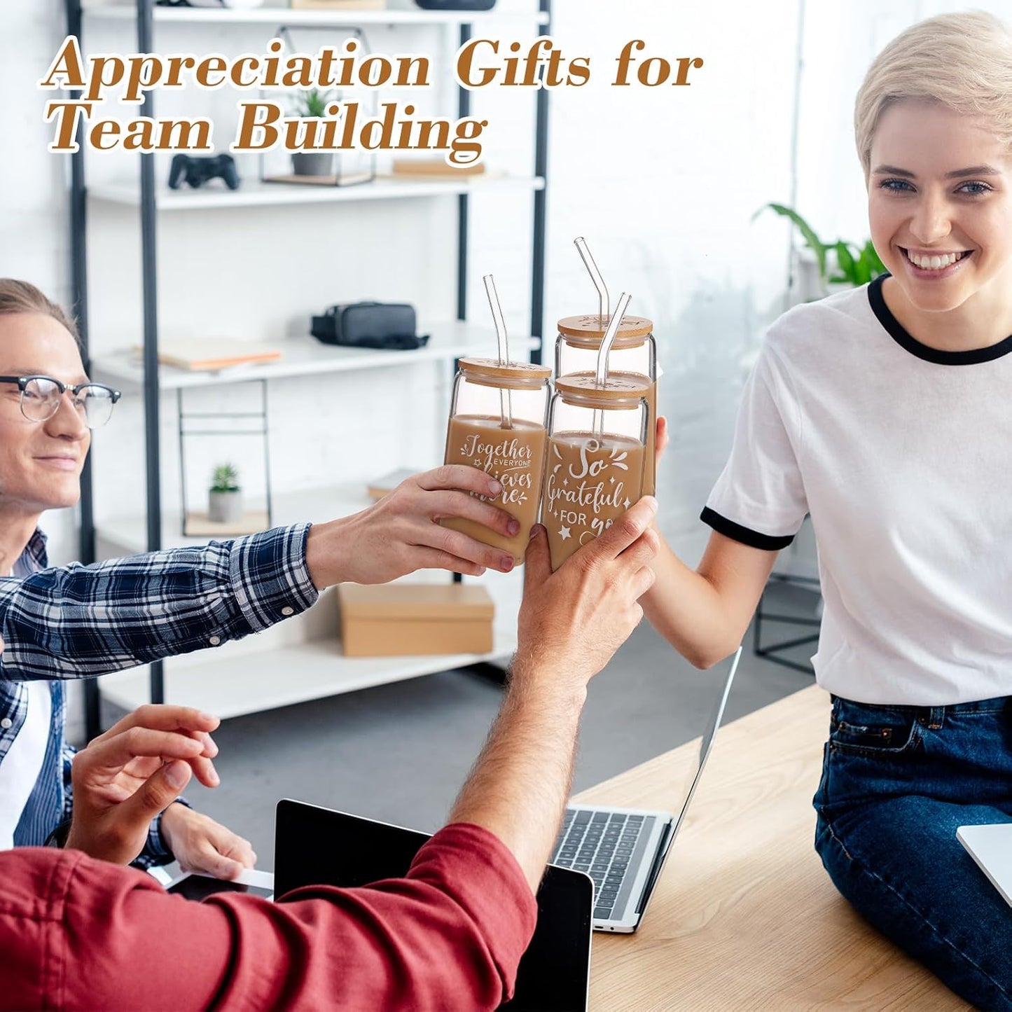 Tioncy 12 Pcs Positive Thank You Gifts for Women Appreciation Teacher Nurse Christian Religous Gifts 16oz Glass Cup with Bamboo Lids Straws Coffee Drinking Jars for Coworker
