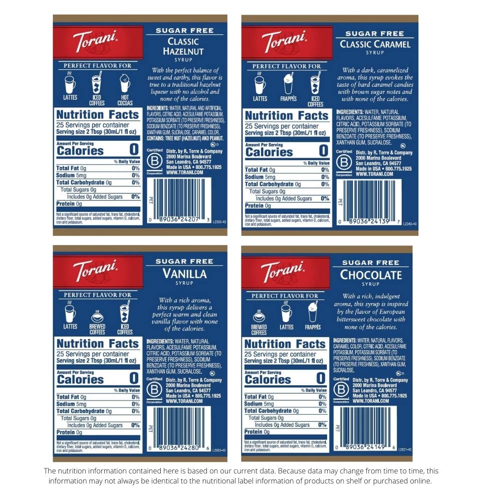 Torani Sugar Free Syrup Variety Pack - 25.4 Ounce Bottles (Set of 4) | Delicious Flavor Options