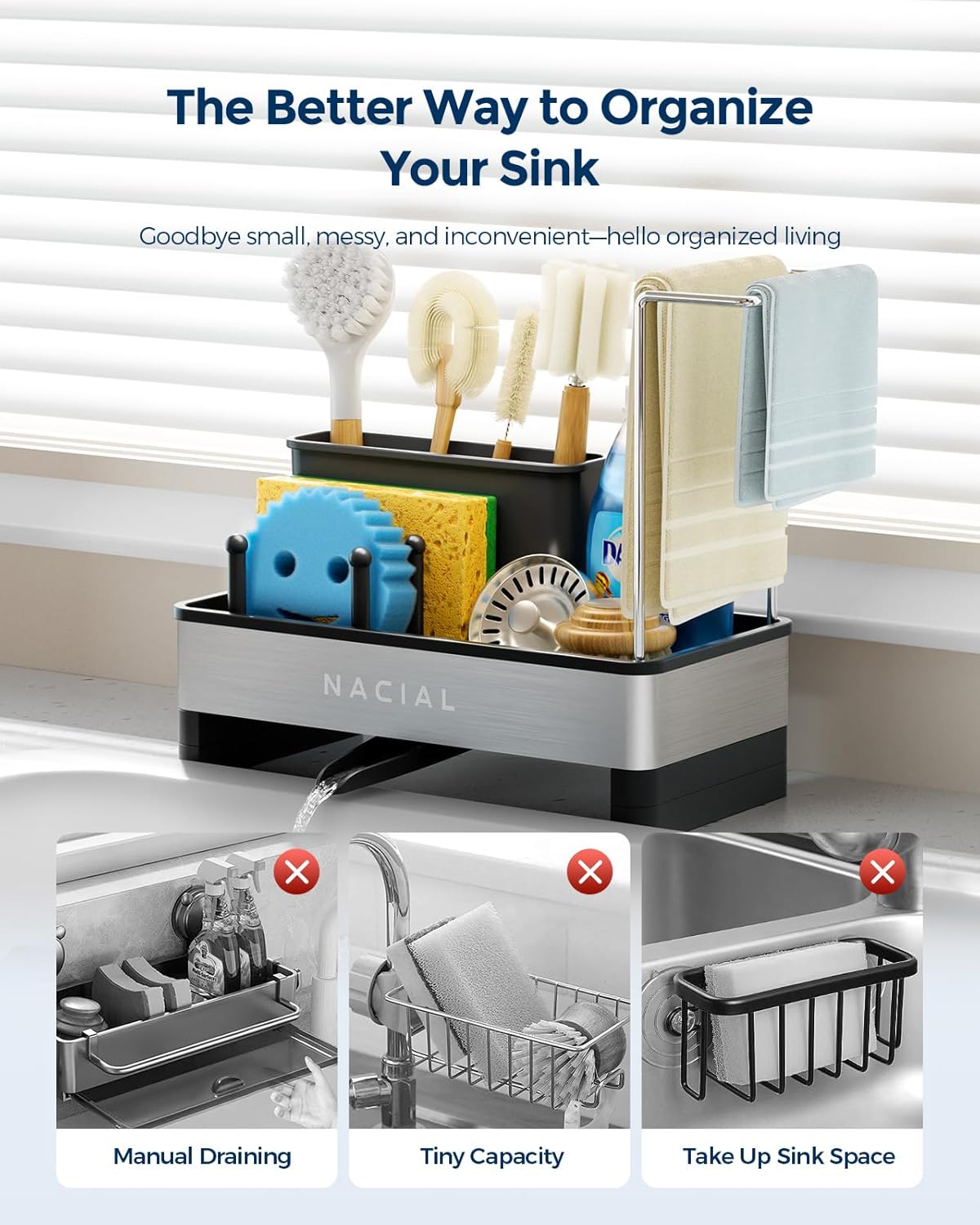 Nacial Kitchen Sink Caddy Organizer - Rustproof 304 Stainless Steel with Brush Holder & Towel Racks