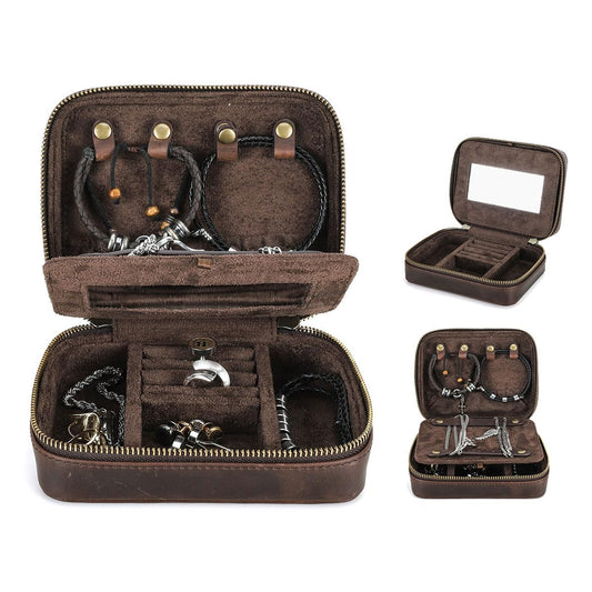 Contacts Genuine Leather Jewelry Box for Men Travel Jewelry Organizer Zipper Jewelry Cufflinks Ring Necklace Bracelet Storage Case with Mirror, Rectangular+mirror, Coffee