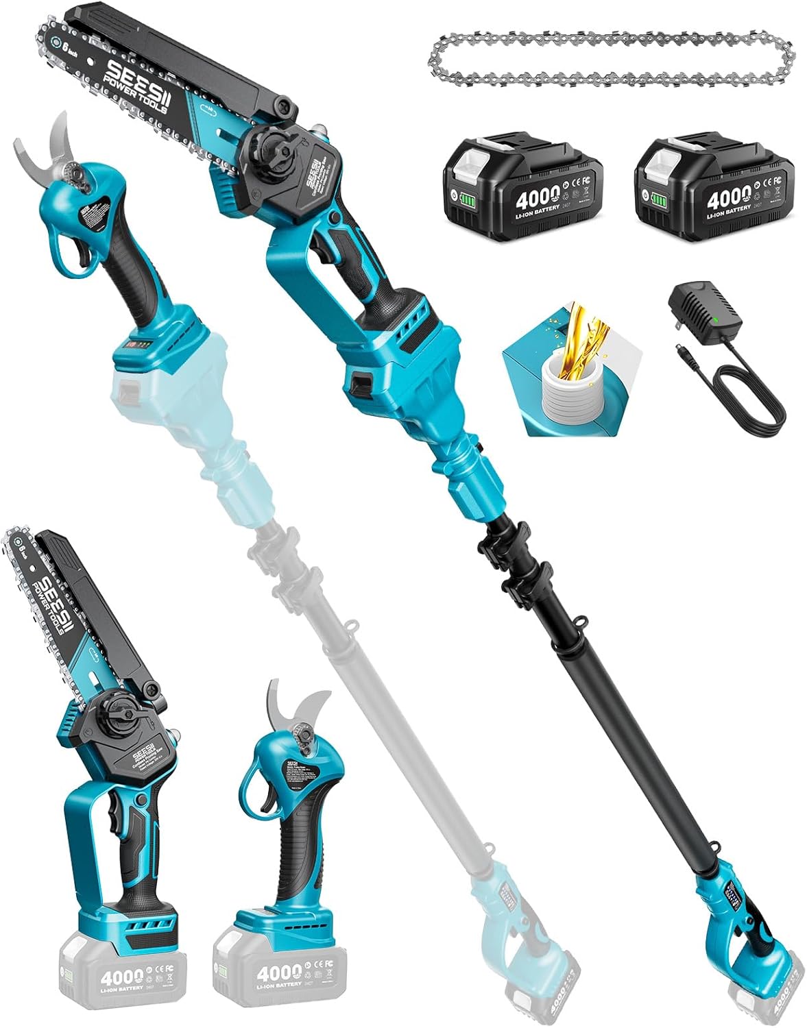 SEESII 4-in-1 Pole Saw & Pruning Shears Kit - 6-Inch Mini Chainsaw for Tree Trimming | Battery Powered with 2 x 4000mAh Batteries