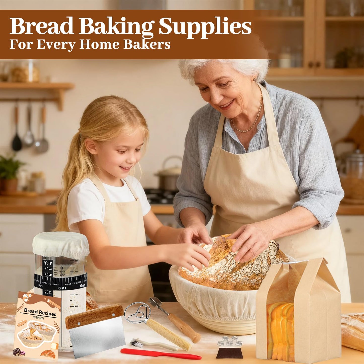 Sourdough Starter Kit,19PCS Banneton Bread Proofing Basket with Glass Sourdough Starter Jar, Sourdough Bread Baking Supplies, 9'' Round Bread Proofing Basket, for Bread Making Baking Fermentation