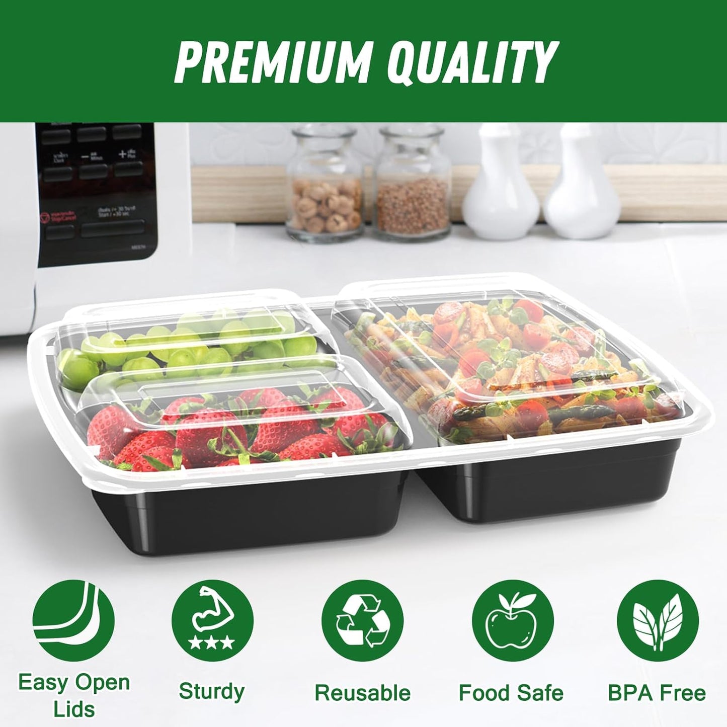 Skiennix 32 oz Meal Prep Containers - 50 Pack Reusable 3-Compartment Leakproof | Microwave & Dishwasher Safe, Black