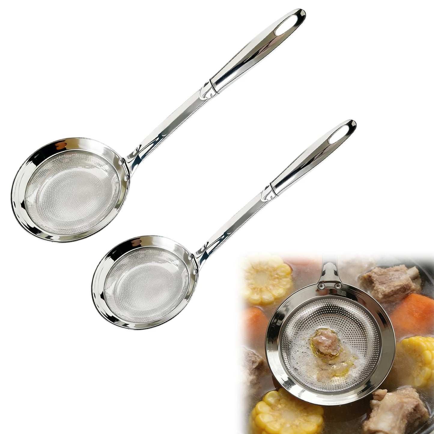 Stainless Steel Colander, 2024 Upgrade Extra Fine Mesh Strainer with Handle, Oil Filter Food Strainer, Kitchen Gadget (Small+Large)