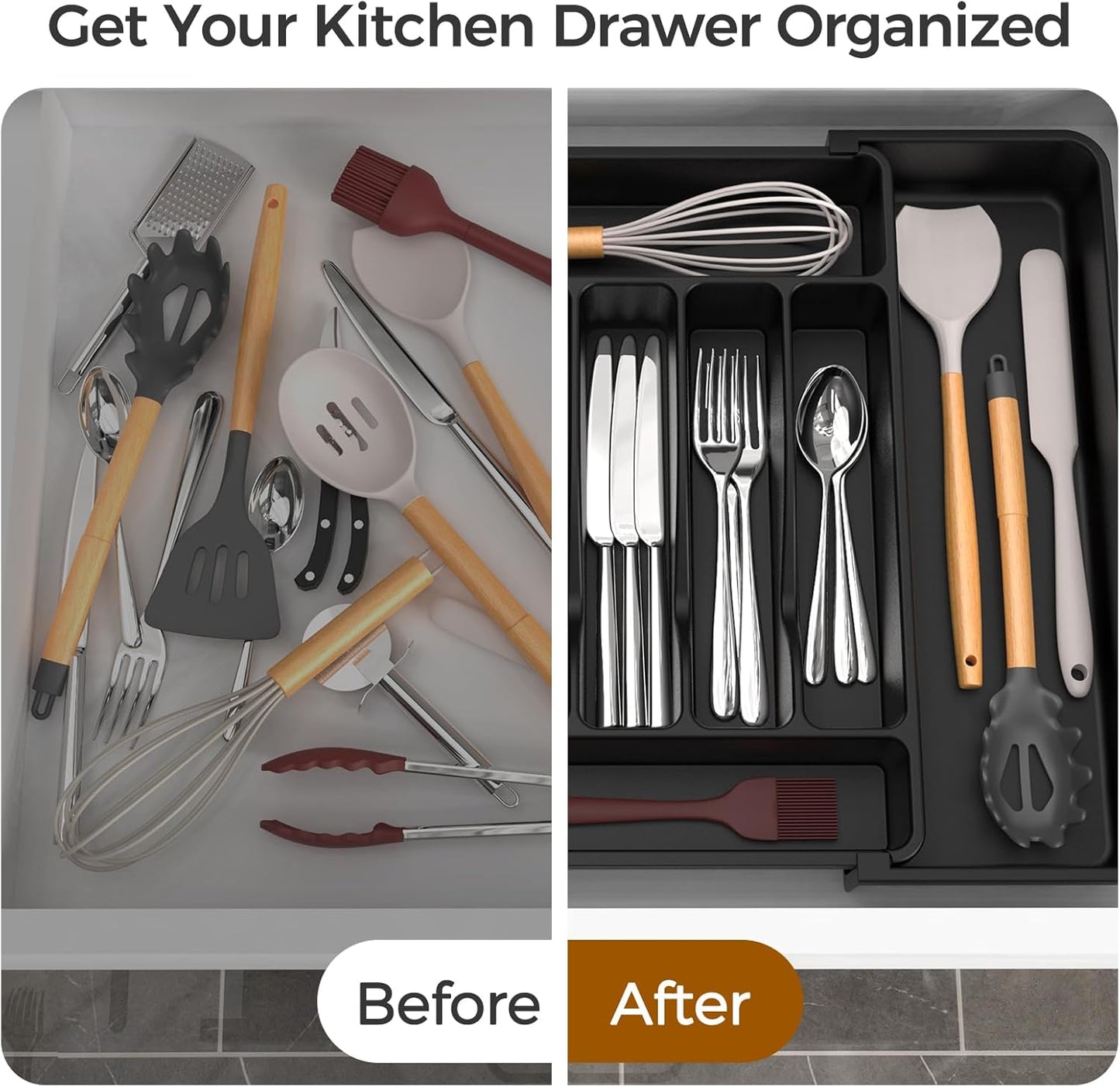 Ukeetap Extra Large Silverware Organizer - BPA-Free Adjustable Cutlery Holder for Kitchen Drawers | Black