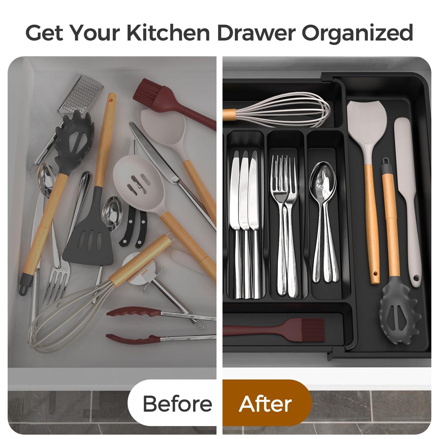 ukeetap Extra Large Expandable Silverware Organizer, BPA-Free Food-Safe Cutlery Flatware Organizer, Kitchen Utensil Drawer Organizer, Adjustable Silverware Holder for Spoons Forks Knives