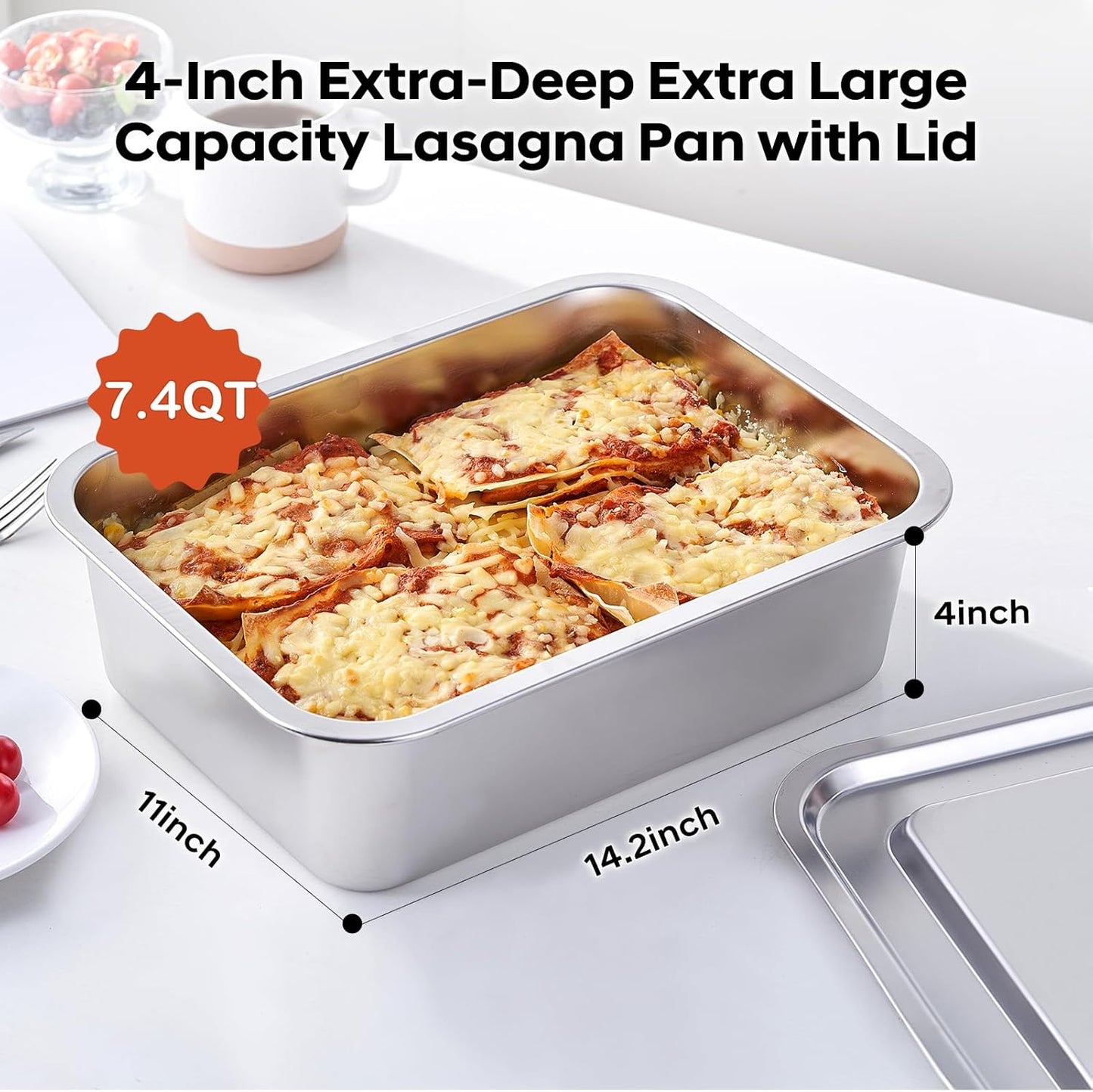 Skiennix 4-Piece Extra Deep Lasagna Baking Pan Set - 11x14 Inch Nonstick Stainless Steel with Lids