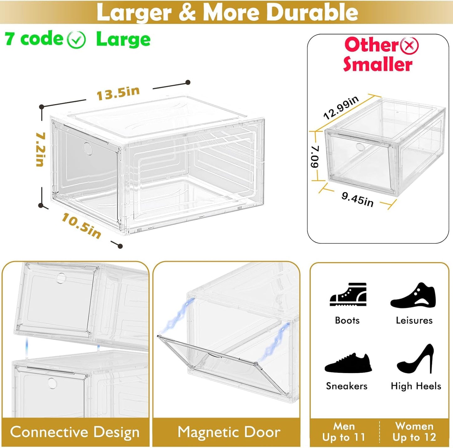 Skiennix Clear Shoe Storage Organizer - Sturdy Stackable Boxes with Magnetic Door | 6-Pack White