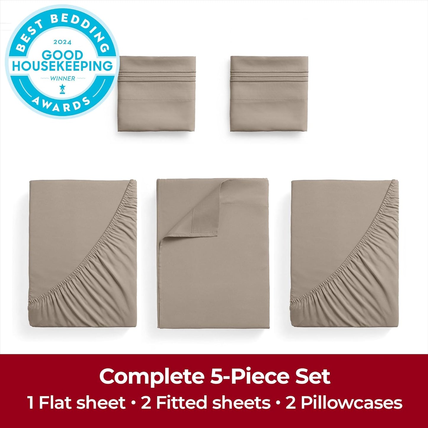Mellanni Extra Deep Split King Sheets - Hotel Luxury, Ultra Soft & Cooling Bedding - 5 PC Set in Tan