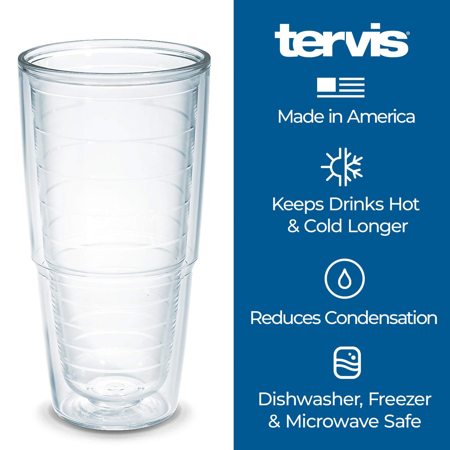 Tervis Clear & Colorful Tabletop Made in USA Double Walled Insulated Tumbler Travel Cup Keeps Drinks Cold & Hot, 24oz, Clear