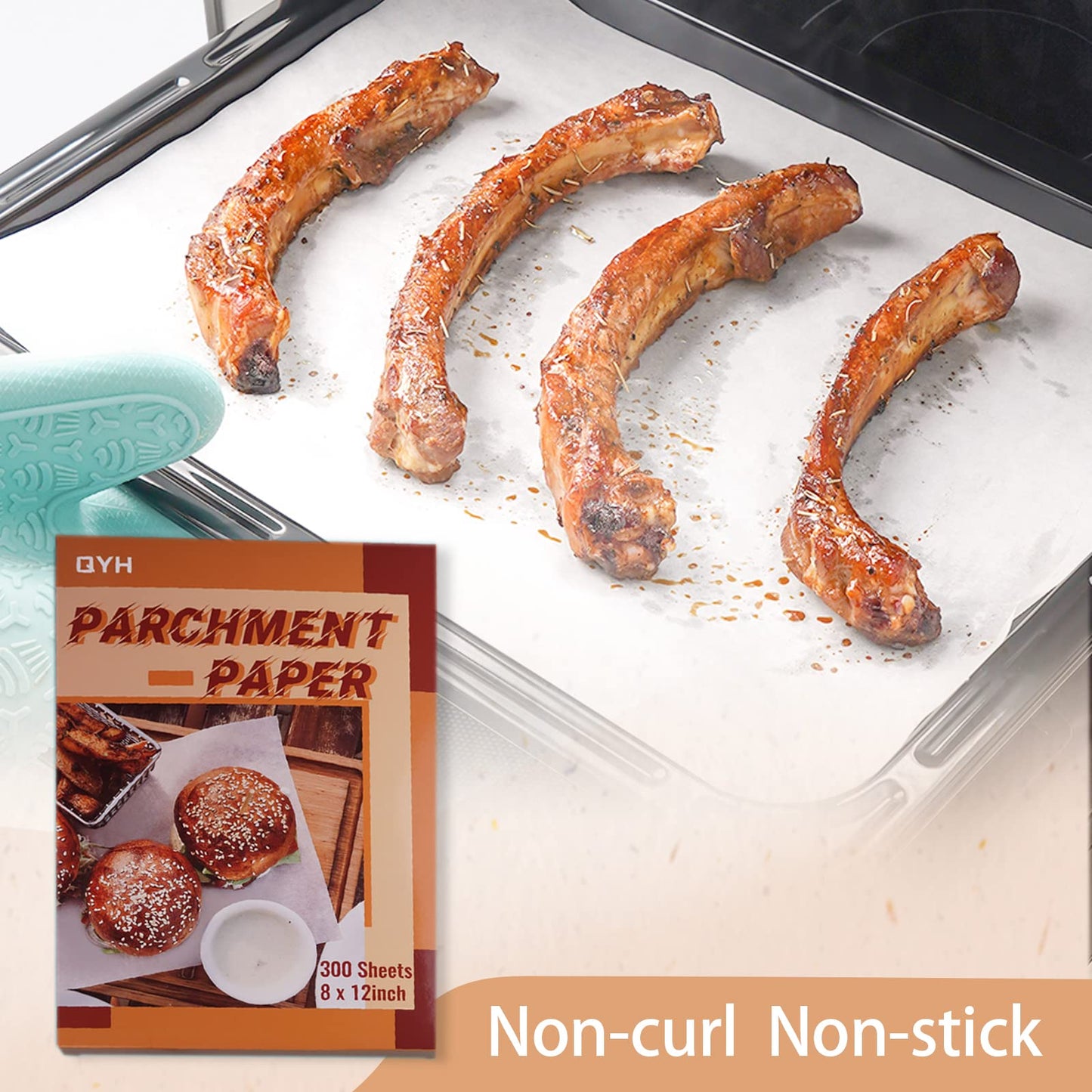 QYH Parchment Paper Baking Sheets 300 Pieces 8x12 Inch Non-Stick Non-Curl Pre-cut White Parchment for Baking Grilling Cooking