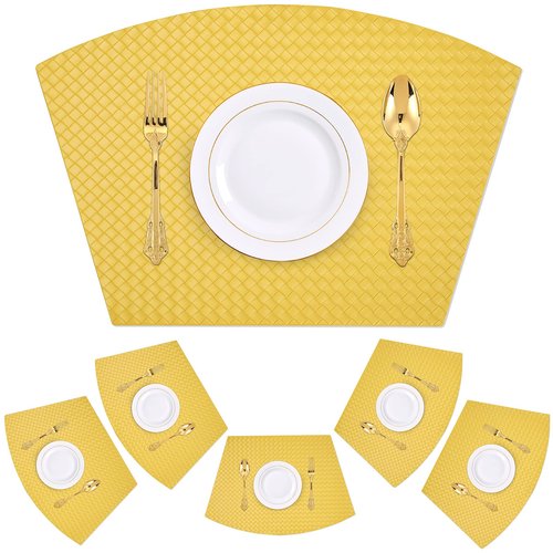Homaxy Faux Leather Strip Woven Round Table Placemats, Set of 6 Heat Insulation Stain Resistant Non-Slip Table Mats for Kitchen Table, Washable Wipe Clean Fan Shape Wedge Place Mats, Yellow