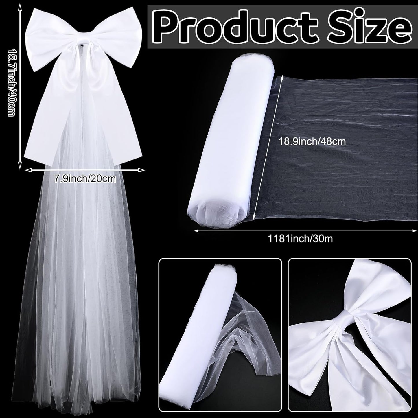 Skiennix 12 Pcs Large White Wedding Pew Bows - 15.7" x 7.9" Satin Decor with Tulle for Aisle & Events