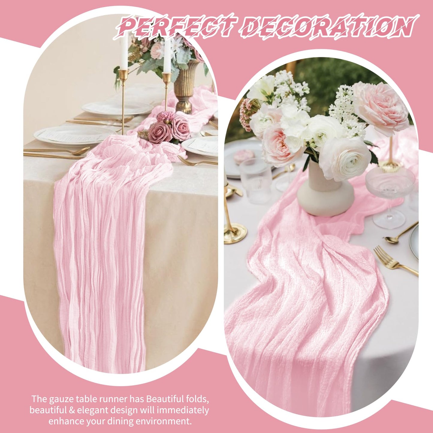 10 Pack Light Pink Cheesecloth Table Runner 17x108 Inch Boho Gauze Cheese Cloth Table Runners for Wedding Party Baby Shower Birthday Home Decor