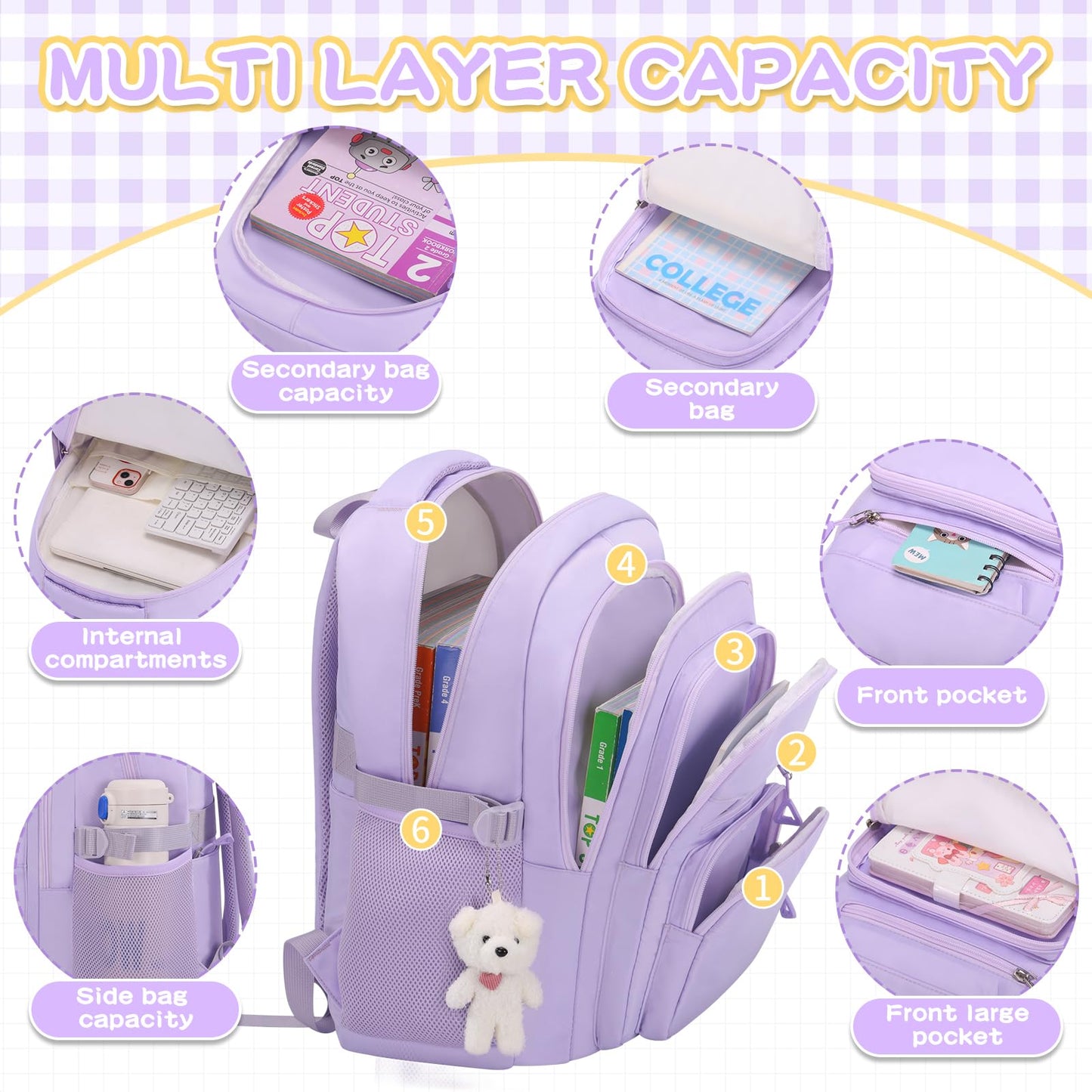 KBTYE Cute Girls Backpack for School Kids Travel College backpack for Women Teen Purple Bookbags Aesthetic Laptop Bagpack