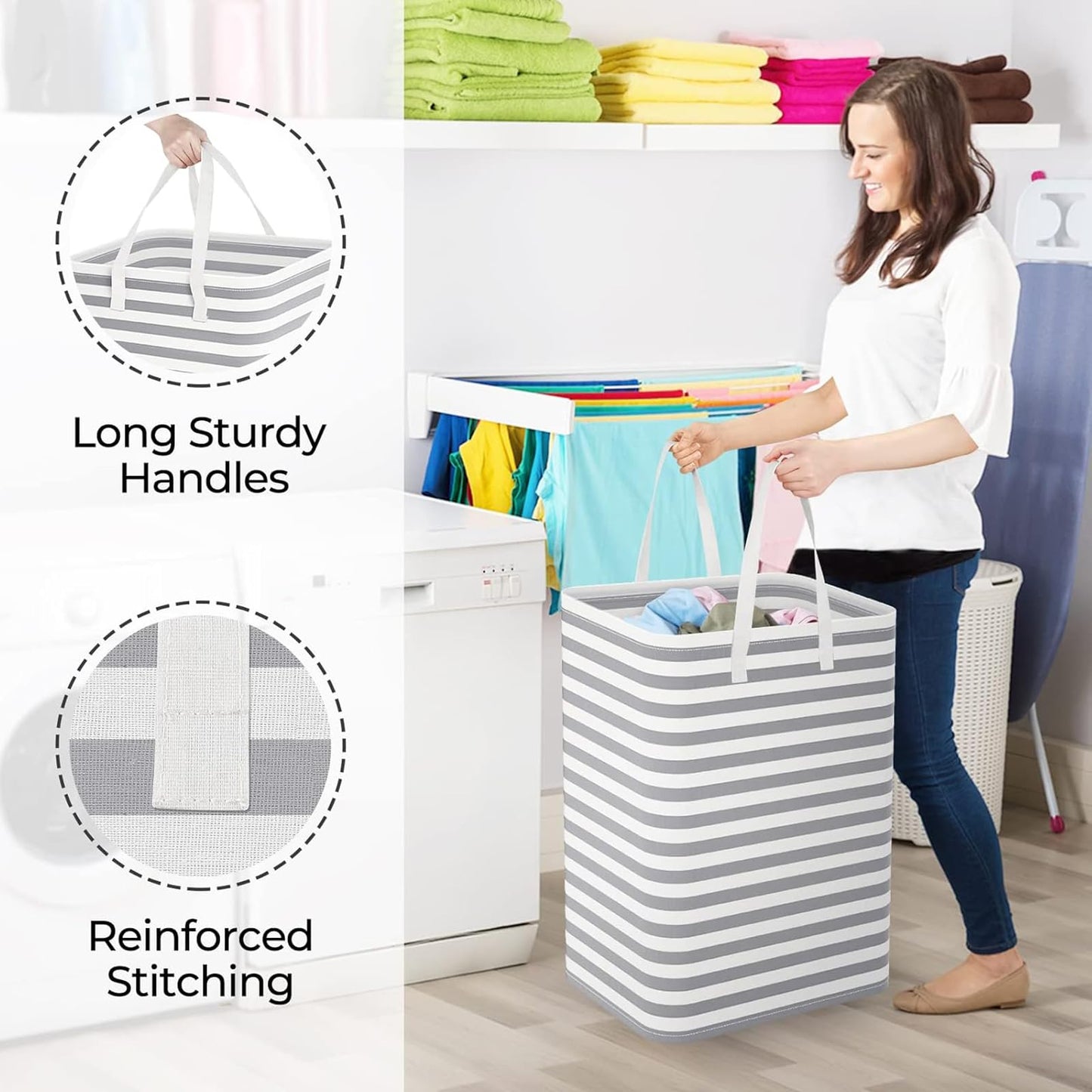 StarHelper Laundry Hamper Large Collapsible Laundry Basket, Freestanding Waterproof Clothes Hamper Storage with Easy Carry Handles for Clothes in Bedroom Bathroom College Dorm for Adults, Gray, 75L