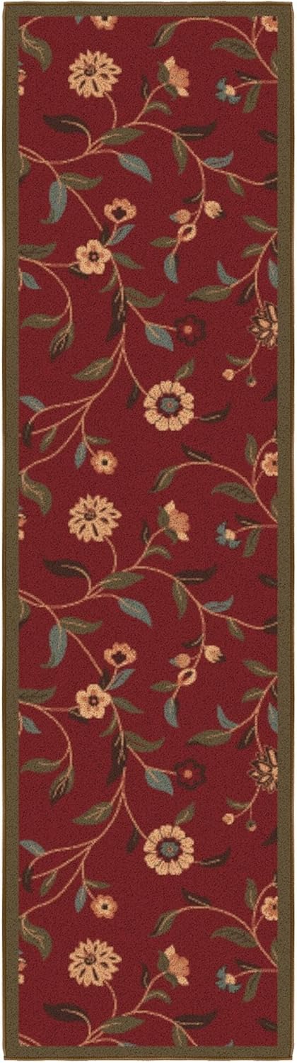 Ottomanson Hallway Runner Rug - Non-Slip Floral Design | Easy to Clean 1'10" x 6' Red Carpet for Entryway & Living Room
