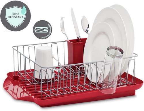 Farberware Classic Large Dish Rack - Rust Resistant with Removable Flatware Caddy & Angled Drain Board | Red 3-Piece Set