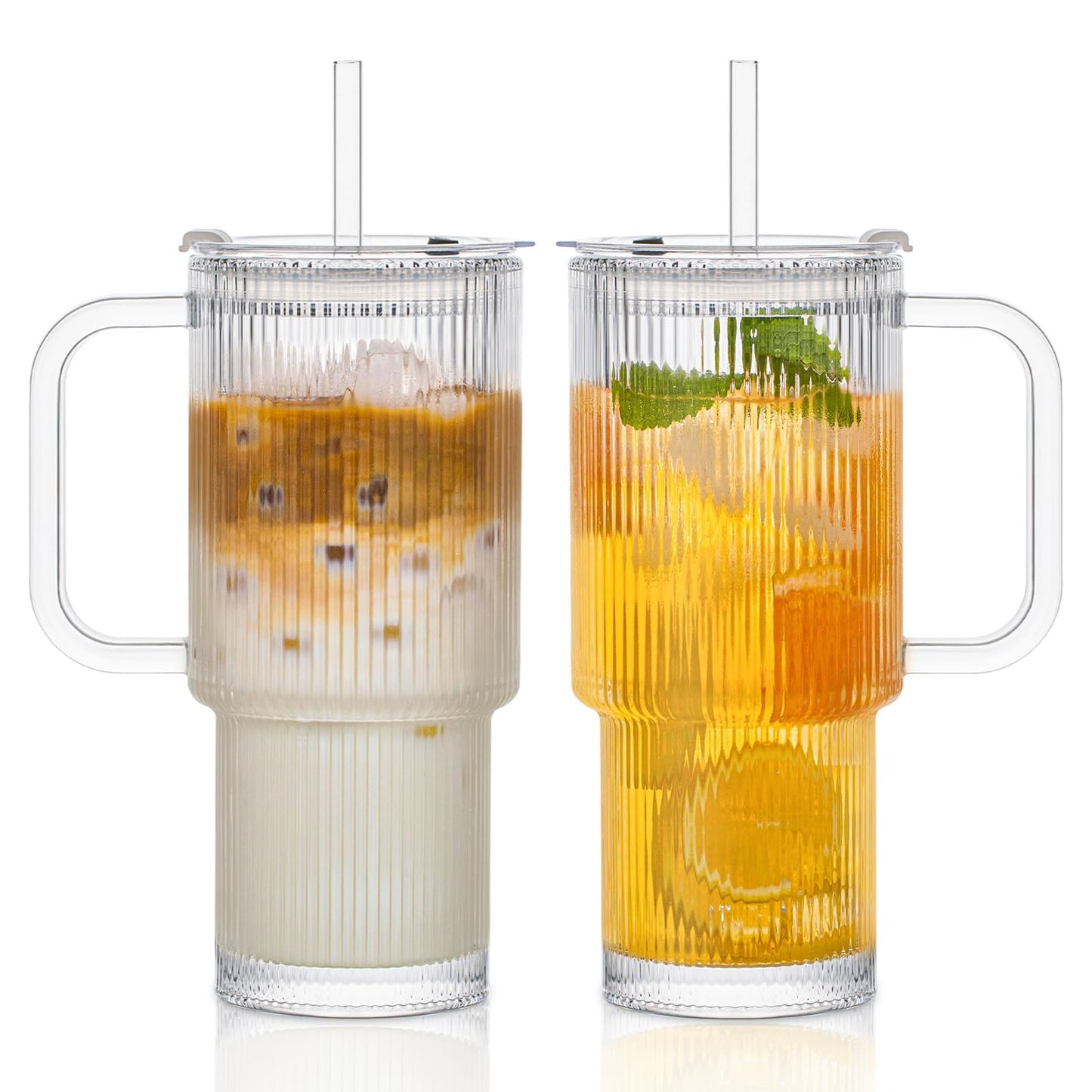 INSETLAN 24oz Ribbed Glass Tumbler with Handle & Lid – 2-Pack Large Iced Coffee Cups with Straws, Modern Glass Mug for Cold & Hot Beverages, Aesthetic Travel Cup for Smoothies, Tea, and Juice