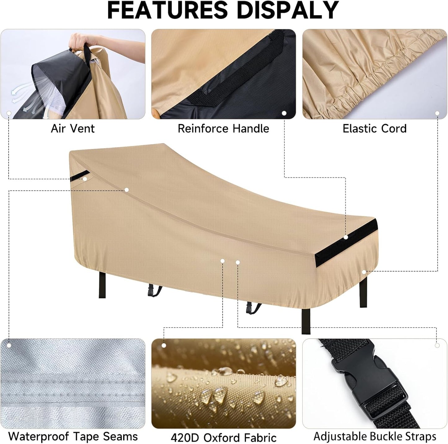 Neverland Patio Lounge Chair Cover - Heavy-Duty Waterproof Chaise Lounge Cover, 76L x 32W x 32H Inches, Golden