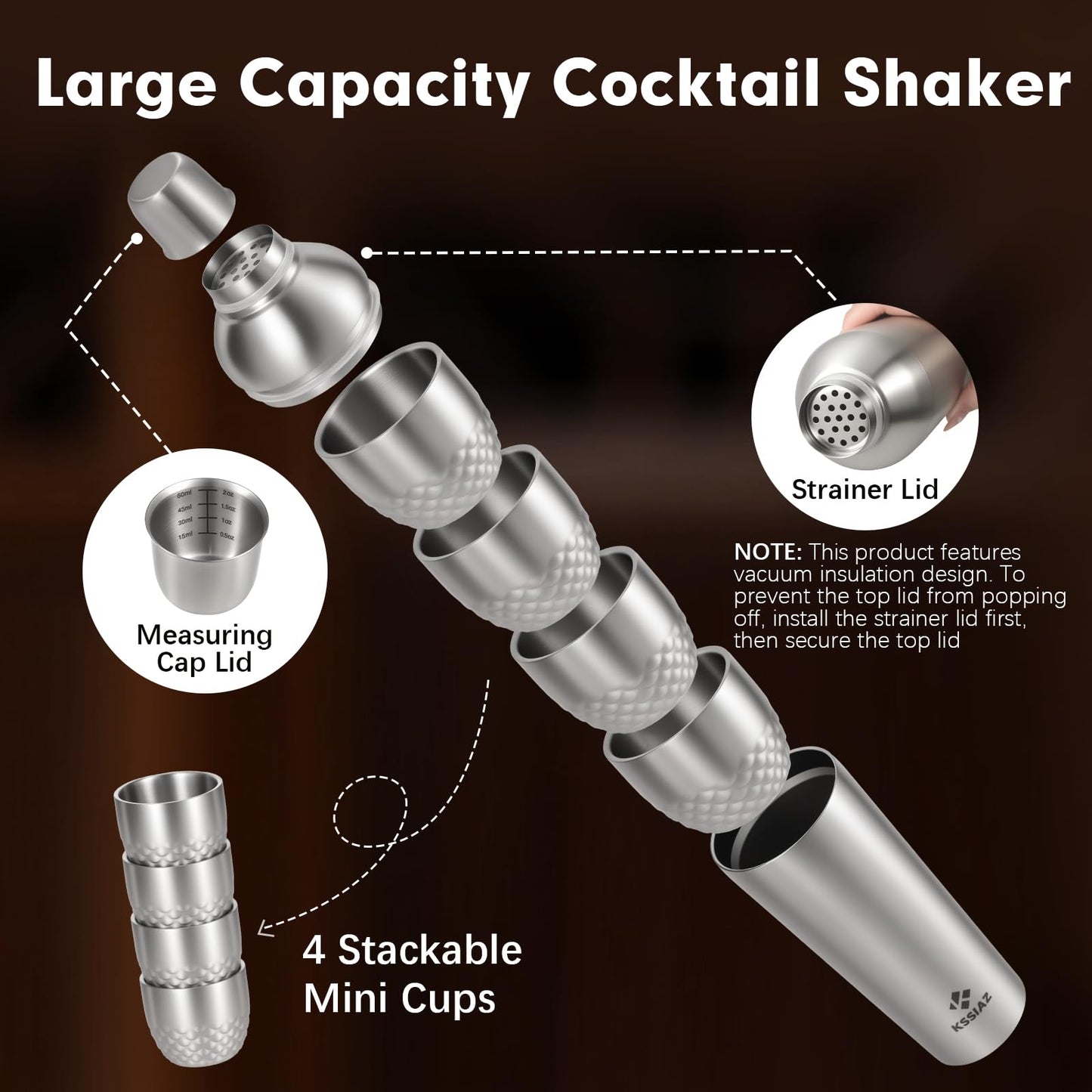 Kssiaz Cocktail Shaker Set with Stackable Cups, Vacuum Insulated Stainless Steel Martini Shaker Set, Portable Travel Bartender Kit with Bartender Accessory Tools, 25.4oz, Silver