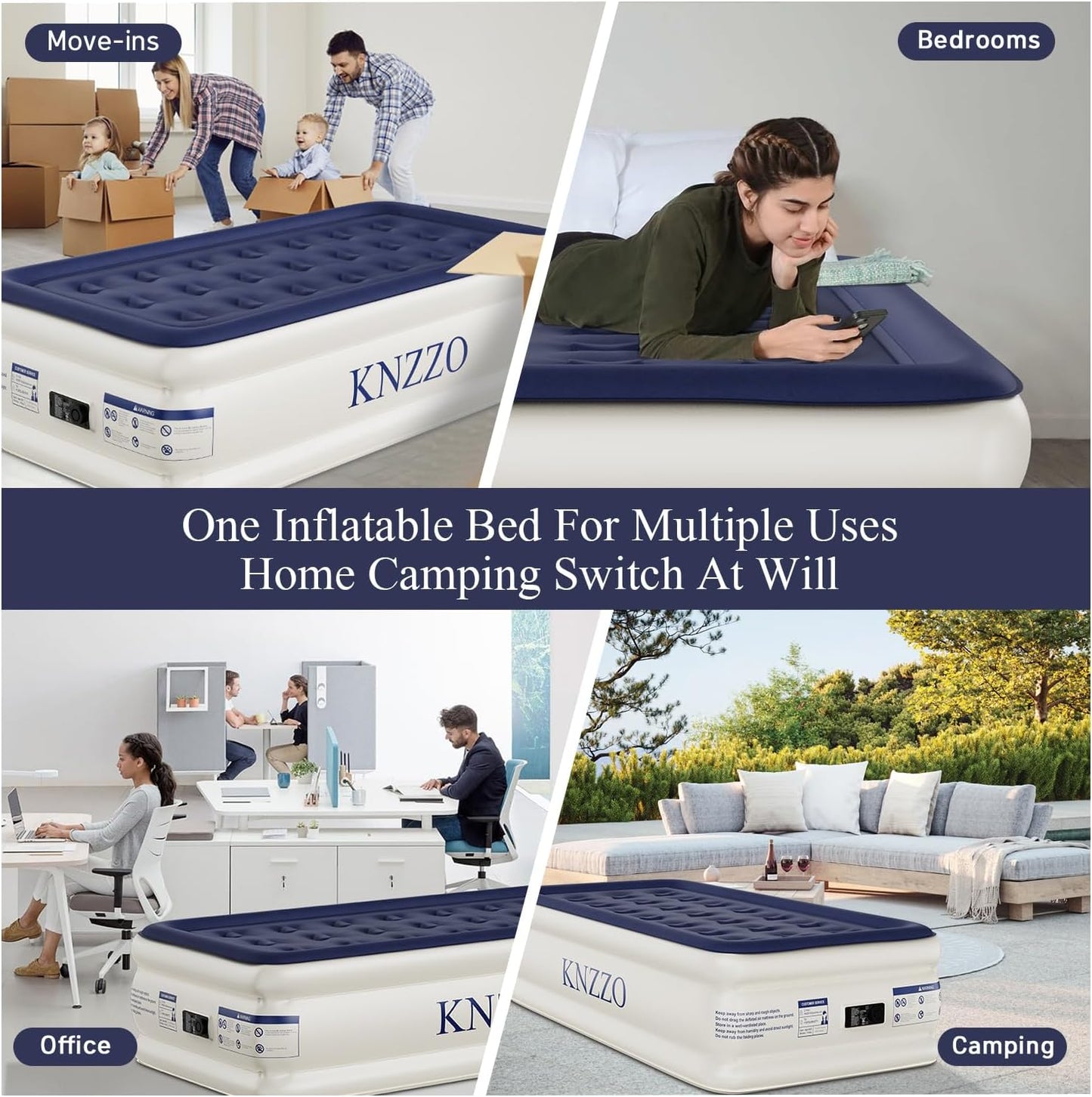 KNZZO Air Mattress - Twin Inflatable Bed with Built-in Pump & Soft Flocked Top | Waterproof & Portable for Home or Camping