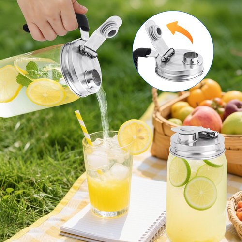 2pcs Mason Jar Spout Lids, Stainless Steel Ball Wide Jar Sip Lids Regular Mouth Leakproof Easy-Pour Pitcher Flip Cap Handle for Drinks Fruit Storage Brewing Accessories Supplies (Style 2)
